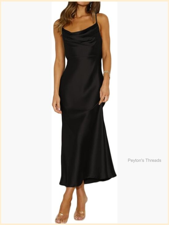Dresses & Skirts - Satin Spaghetti Strap Cowl Neck Backless Midi Dress Ruched Cocktail Dress